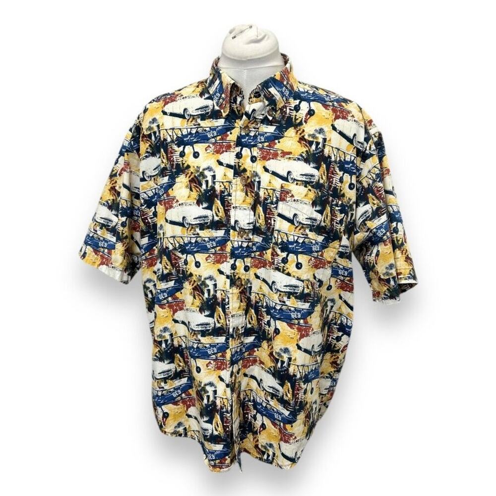 Crossings Mens Short Sleeve Hawaiian Camp Shirt Cotton Airplane/Car Print VTG L